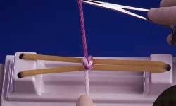 Square knot completed by horizontal tension applied with left hand holding white strand toward