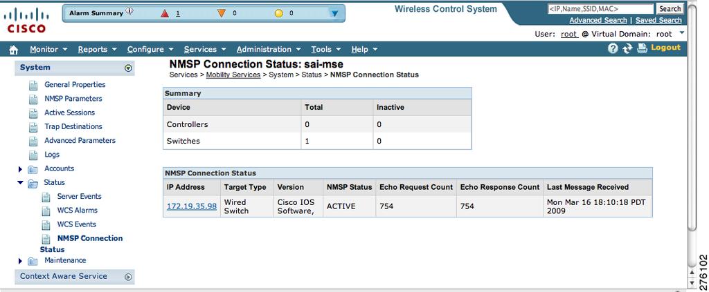 Verifying a NMSP Connection to a Mobility Services Engine Chapter 7 Figure 7-38 NMSP Connection Status Step 4 Verify that the NMSP Status is ACTIVE.