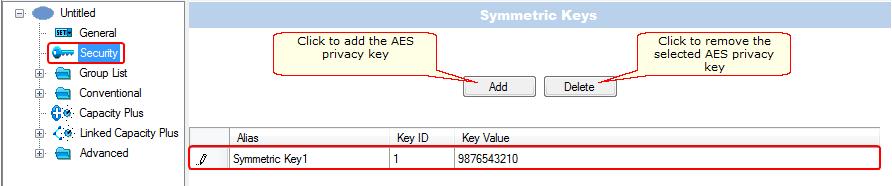 73 4. In the Security window of MOTOTRBO Network Interface Service Configuration Utility in the Symmetric Keys field add the AES symmetric privacy key.