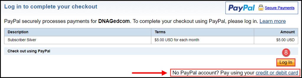 8. Click LOG IN to log into PayPal (default payment method).