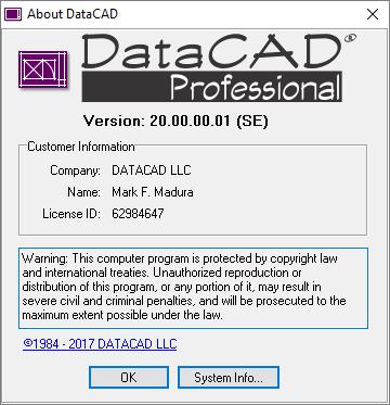 Note: You can find the License ID for your installation of DataCAD by going to the Help pull-down menu and selecting About. You should see the License ID in the Customer Information section.