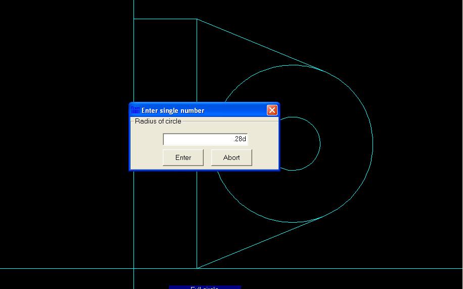 To draw a circle, go back up to the arc menu and select Full circle. FastCAM will ask for the radius of the circle.