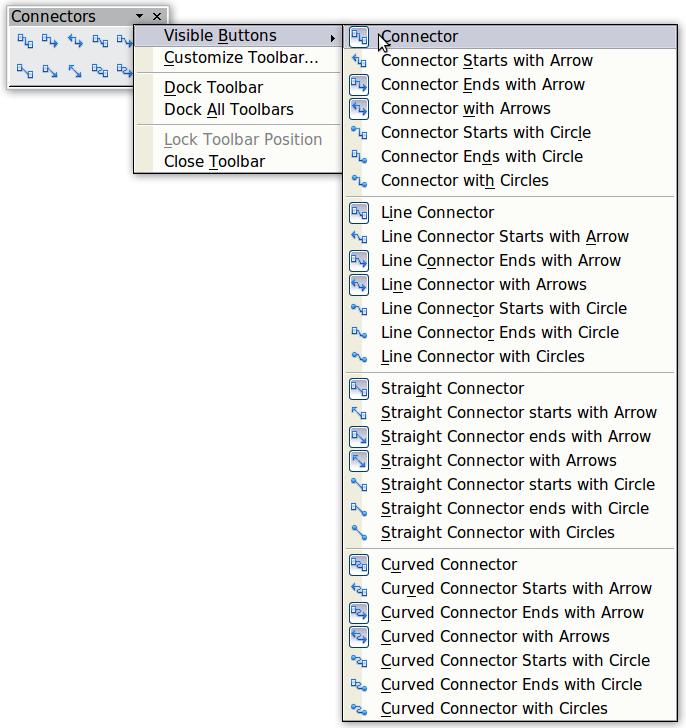 The Connector toolbar Click the button on the Draw toolbar to open the Connectors toolbar (Figure 8). If the type of connector you want is not shown, click on the in the Connectors toolbar.
