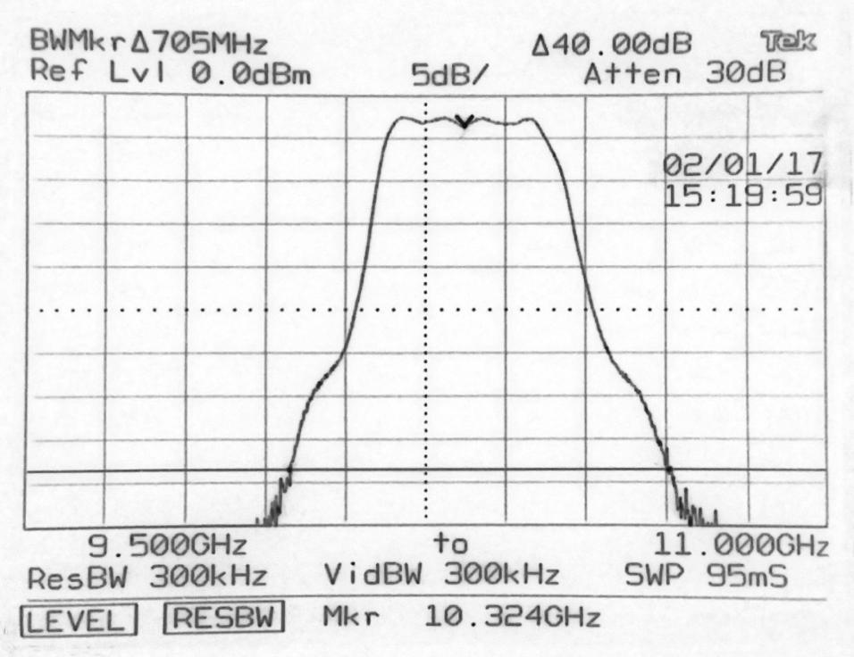 Figure 14 is a screen shot of swept response from one of the image reject filters in the 10 GHz test set shown in Figure 2. The measured passband is 10.18 GHz to 10.
