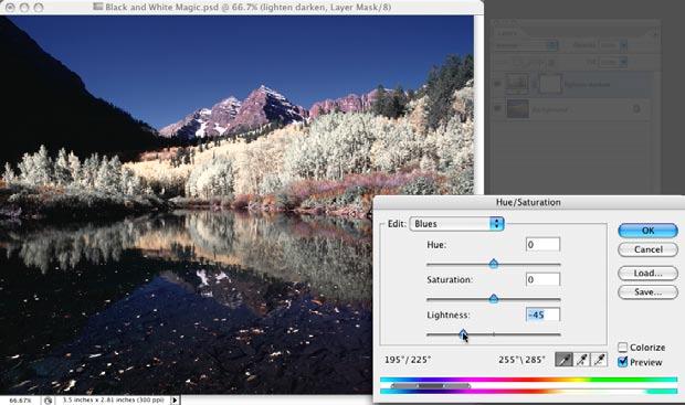Step 4: Edit the Colors That Should be Lightened and Darkened Within the Hue/Saturation dialogue, under Edit, choose the first color that should glow (often times yellows and greens) and move the