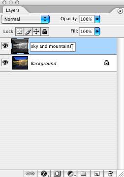 Now, Option-click (PC: Alt-click) on the Layer Visibility (eyeball) icon next to the Background layer to hide the sky and mountain layer, single-click on the Background layer name, and return to the