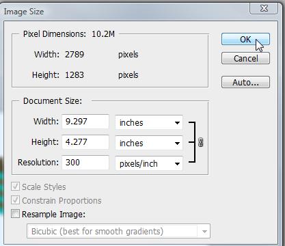1 Image menu>image Size 3 Change the resolution to 300 pixels/inch.