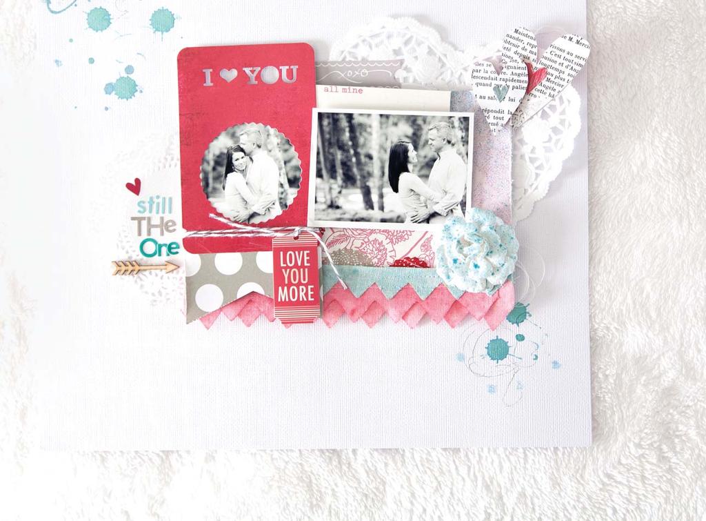 Still The One Layout by Jen Kinkade PINK PAISLEE PRODUCTS: Secret Crush: photo tabs, paper goods, element stickers & photogram Artisan: Paper Flowers, Papers & Zig Zag Ribbons Other Supplies: Sewing