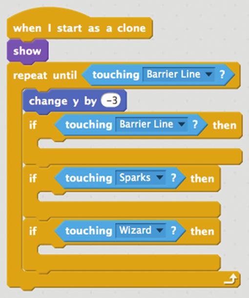 Programming the ghosts 157 menu to change the first one to Touching Barrier Line, the second one to Touching Sparks, and the third one to Touching Wizard, as shown in figure 7.14.