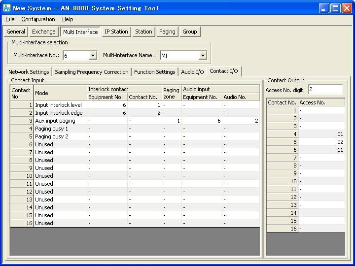Chapter 5: SYSTEM SETTINGS BY SOFTWARE 5.5.5. Contact setting Step 1. Click on the Contact I/O tab. The setting screen is displayed. Step 2. Set each item of "Contact input." (1) Contact No.
