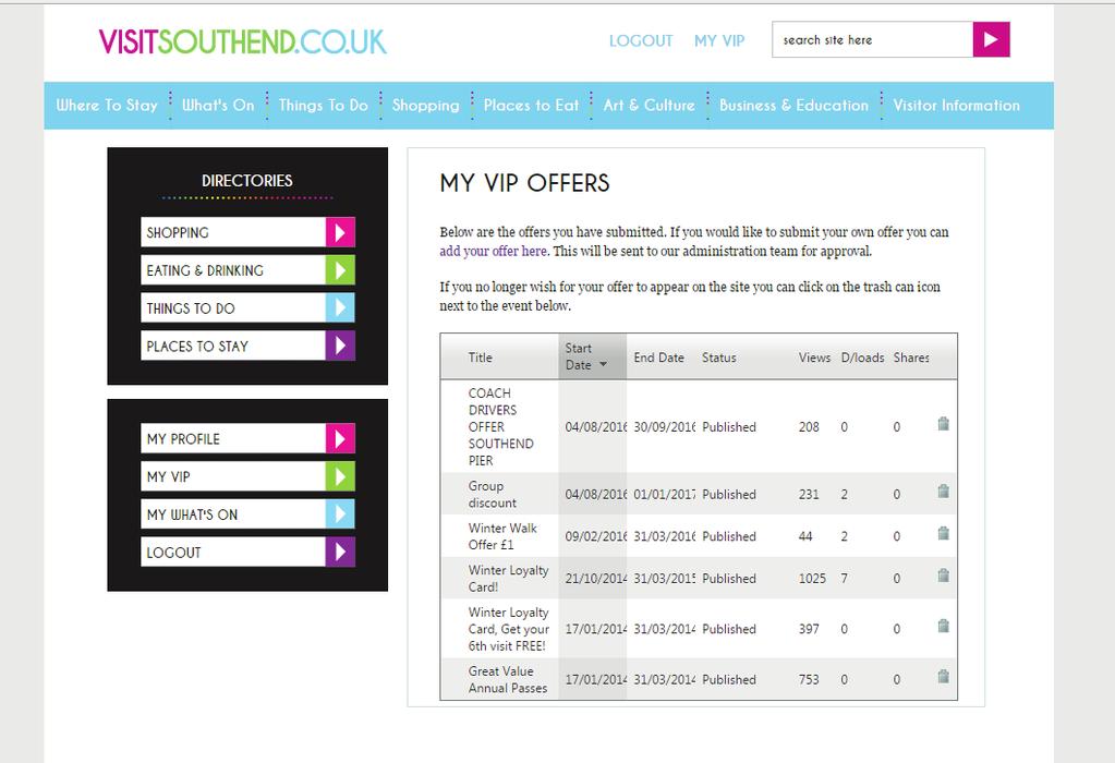 adding your offers You re also able to add your business offers (sales/discounts/vouchers etc) to the website. If you click on the My VIP tab on the left hand side of the screen this page will appear.