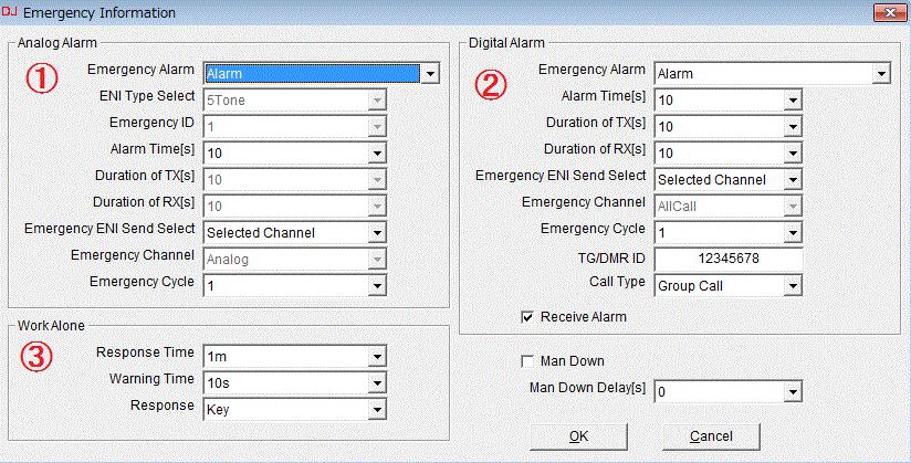 7. Alarm Setting 1 Analog Emergency Alarm Emergency Alarm Alarm: Sounds alarm only Transpond + Background: Radio sends a short warning sound and transmits to talk.