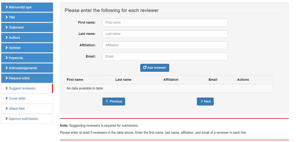 Figure 19: Suggest reviewers To edit or delete a reviewer, click the edit or delete icons in the