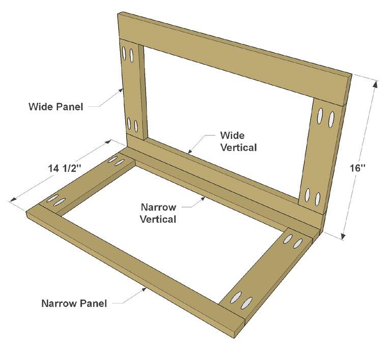 Step 4: Now you can assemble the frame by joining the panels together. Start with one narrow panel and one wide panel. Glue and nail them together as shown (7 or 8 nails should be plenty).