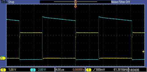 Input and output signals for digital isolation circuit shown in Fig. 3. Yellow trace is the 3.3- V drive. Blue trace is the secondary signal. Fig. 5. Input and output waveforms from Fig.