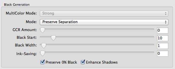 In the <Mode> pulldown menue you can define the method to generate black for the target color space.