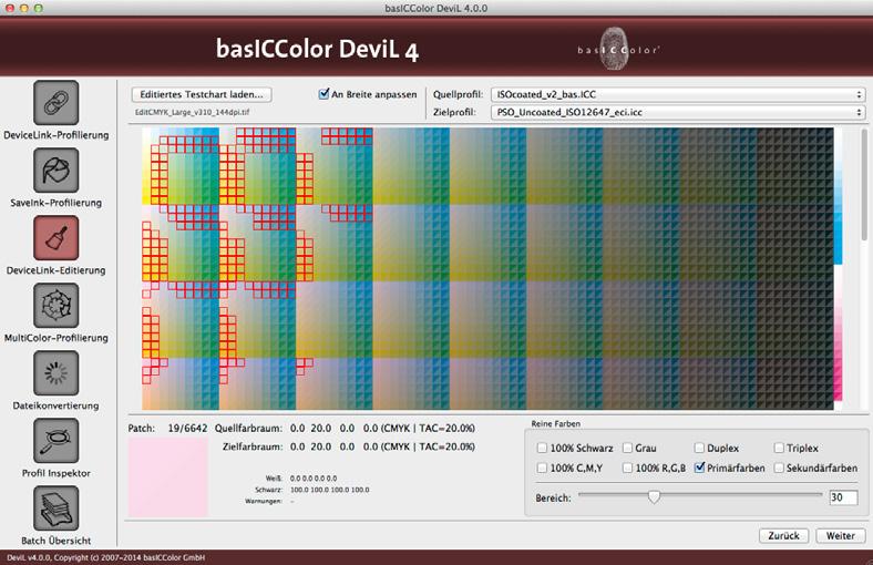 in basiccolor DeviL. All setting options are clearly arranged in one window for easier handling. The original chart and the edited chart are shown in a shared field.