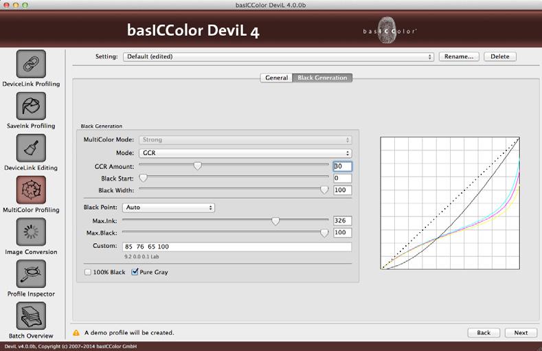 6.1.4 Black Generation The tab <Black Generation> defines the method to generate black for the target color space.