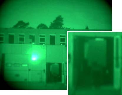 Figure 4. The door opening seen through respectively a second generation (LEFT) and a third generation (RIGHT) night vision goggle.