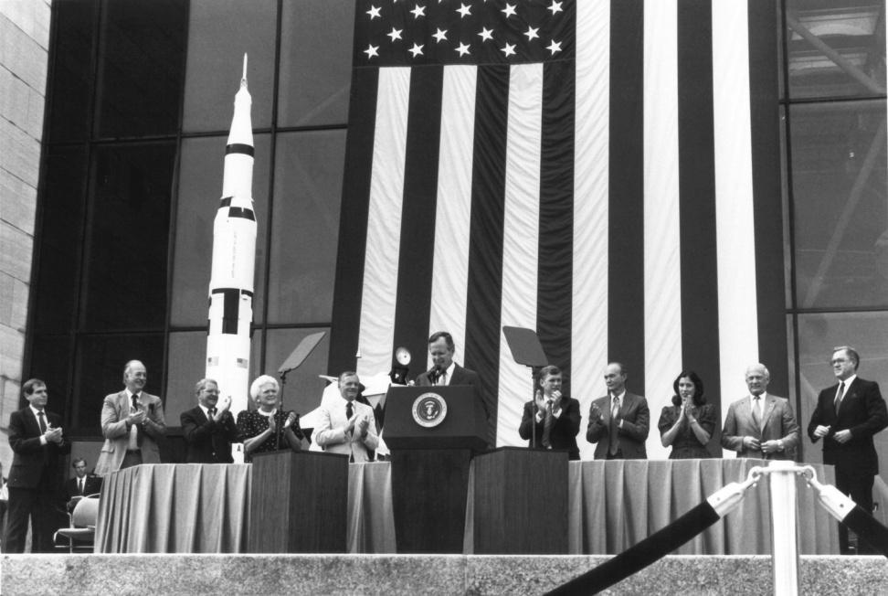 SPACE EXPLORATION INITIATIVE - 1989 On July 20, 1989, President George H.W. Bush called for a return to the Moon, this time to stay, and then a manned mission to Mars.