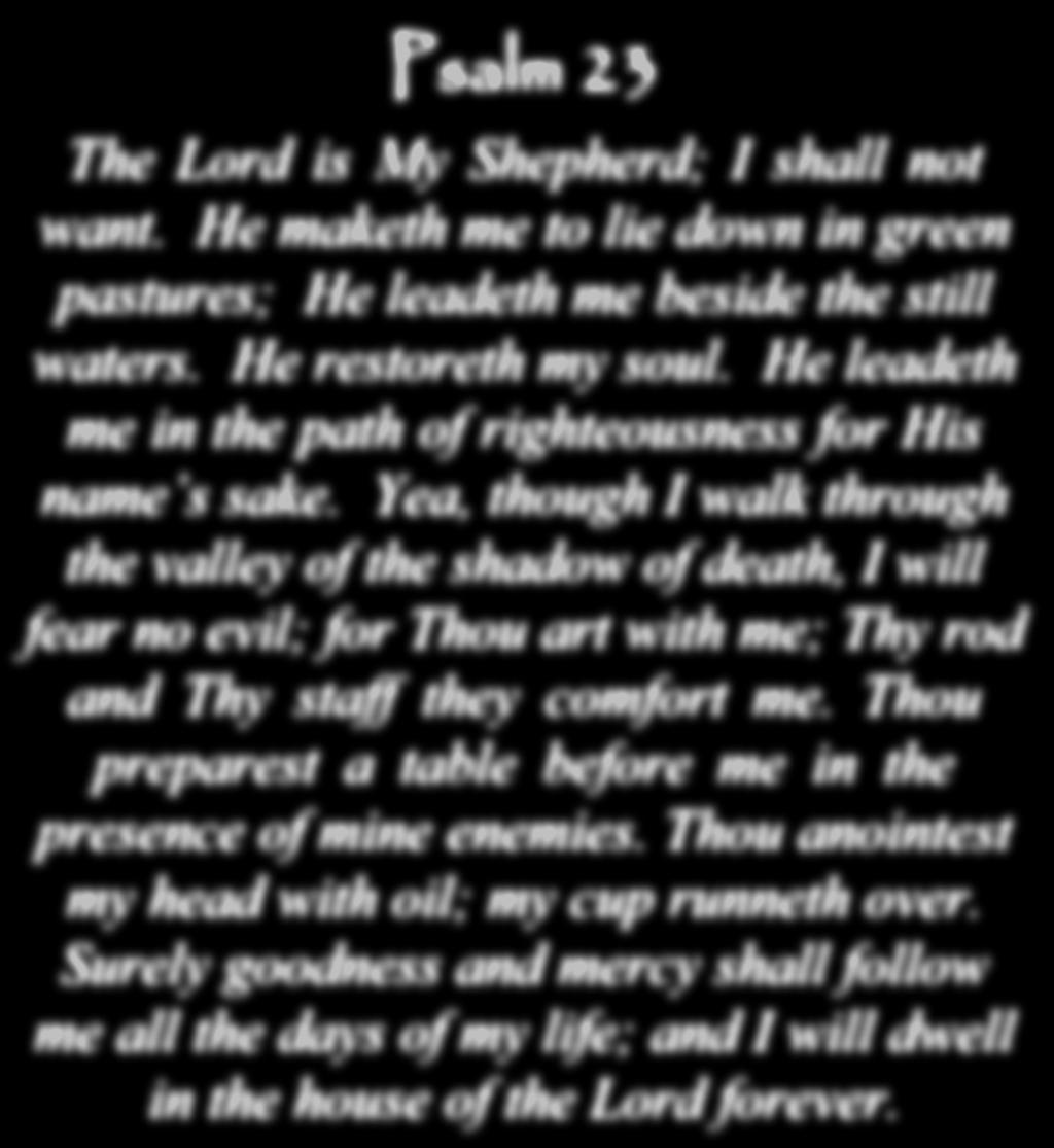Yea, though I walk through the valley of the shadow of death, I will fear no evil; for Thou art with me; Thy rod and Thy staff they comfort me.
