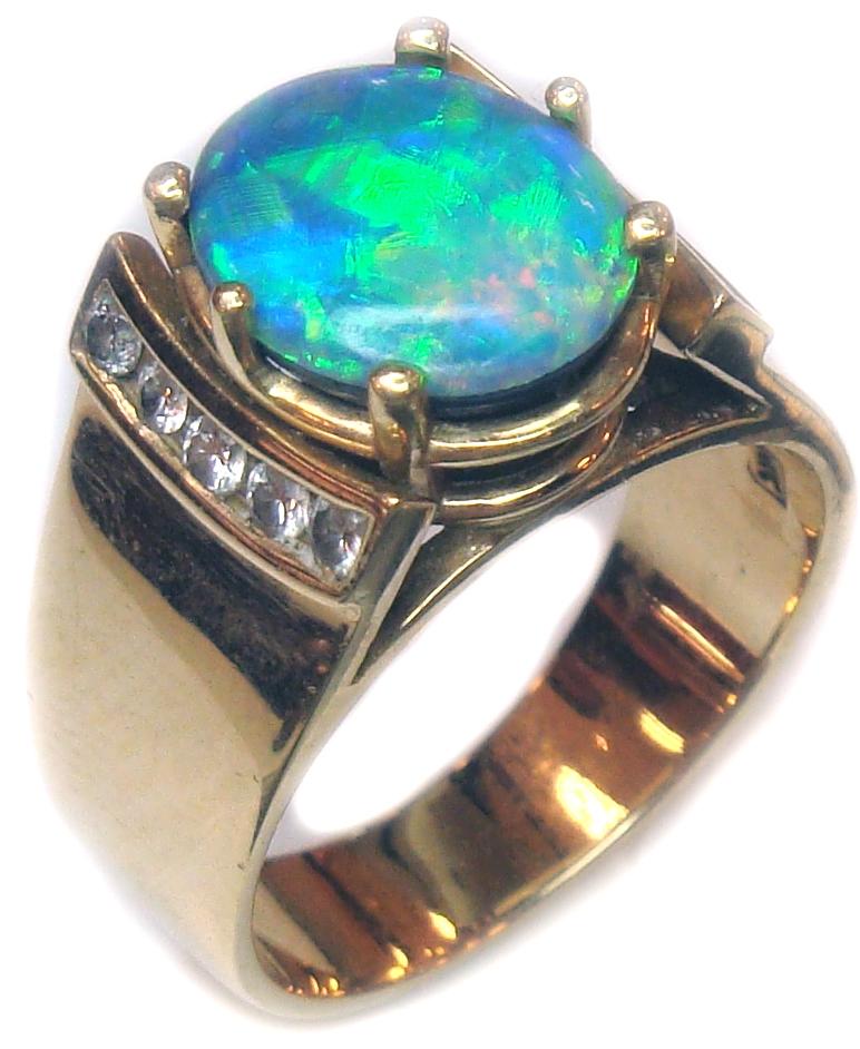 Opal Doublet Tapered Shank Ring: 14K yellow gold (stamped "14K") North American Jewelers, Inc (NAJ)) Cast & Assembled Opal Doublet Tapered Shank Ring, size 6.5, weighing 8.0 g or 5.1 dwt.