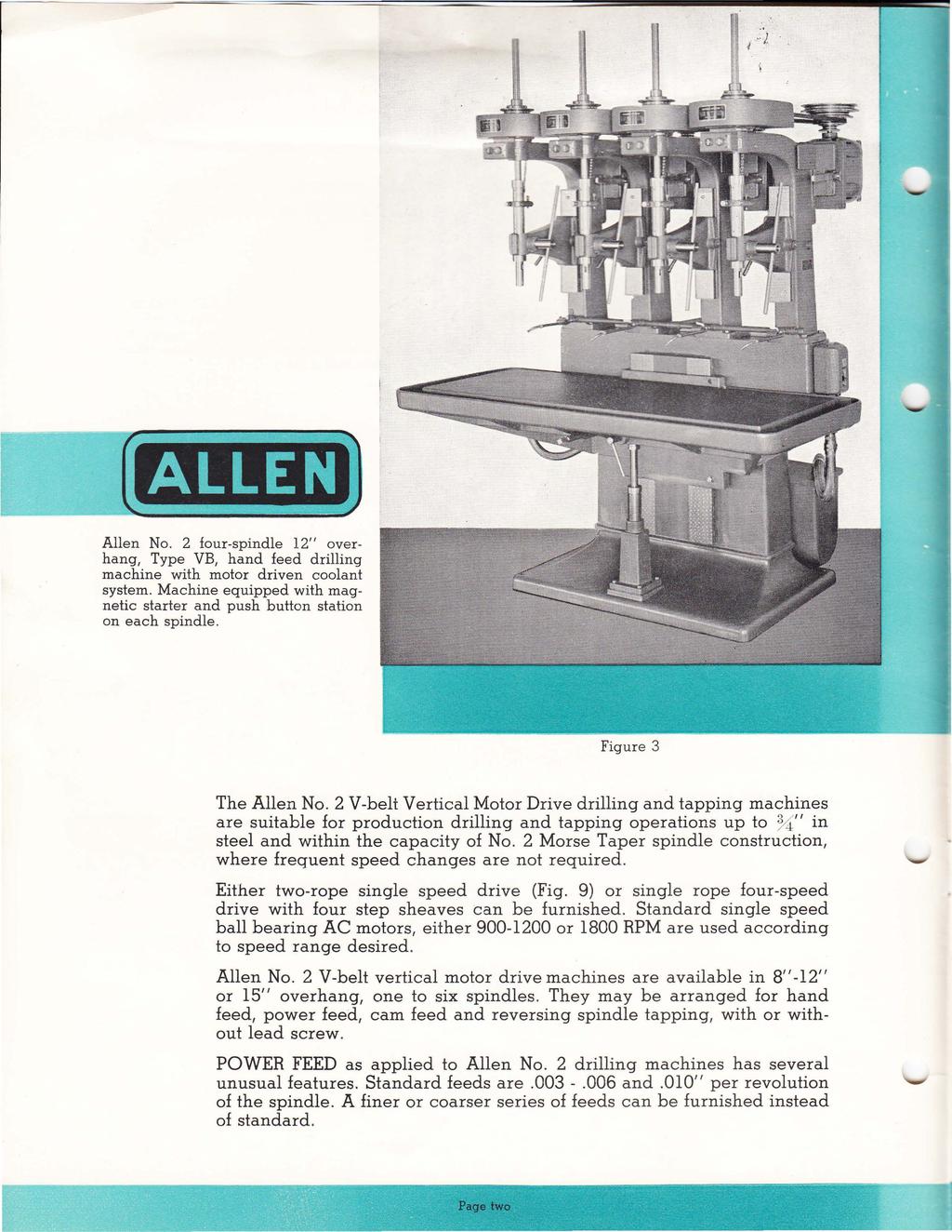 - Allen No. 2 four-spindle 12" overhang, Type VB, hand feed drilling machine with motor driven coolant system. Machine equipped with magnetic starter and push button station on each spindle.