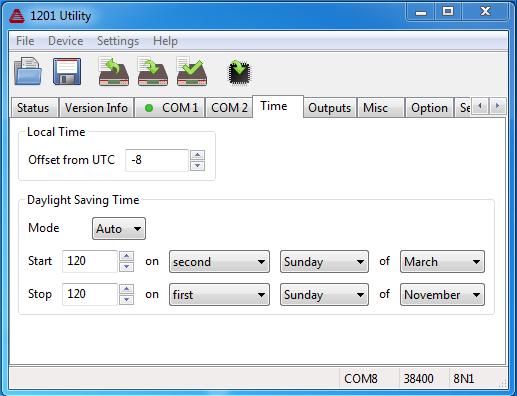 44 1201 Utility Software 7.9 The Time Screen Select the Time tab to set up your Local Offset, and Daylight Saving Time (DST) offset.