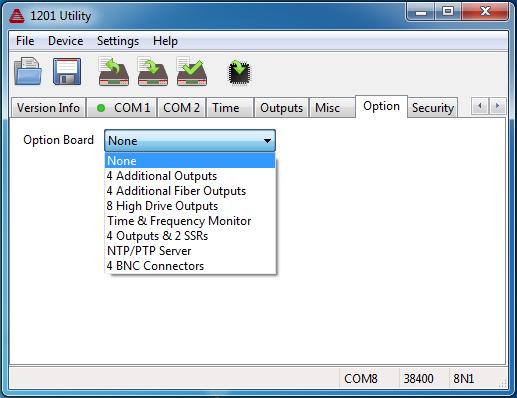 50 1201 Utility Software 7.13 Option Screen Figure 7.15 illustrates the Option Screen, which allows the configuration of a specific installed option board.