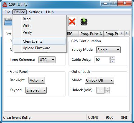 7.15 Uploading a Configuration 53 Clearing the Event Buffer To clear all events stored in the event buffer, select Device > Clear Events, or click the X icon on the right (above the Prog Pulse A tab).