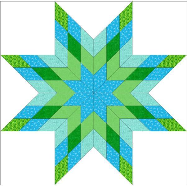 tar 1. Lay out one each: green print, medium blue print and light blue/aqua 2½ x 20 strips as shown. 2. in and sew together, off-setting ends as shown, pressing seams toward green print end of combined strip set.