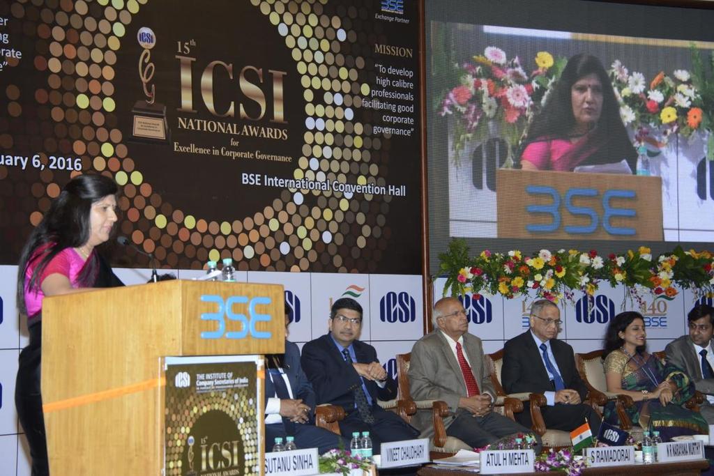 Ms. Alka Kapoor, Joint Secretary, ICSI informing details about the Awards. Sitting( L-R): Mr. Atul Mehta, President - The ICSI, Mr. S. Ramadorai, Chairman, National Skill Development Agency & the National Skill Development Corporation & Non-Executive Chairman Bombay Stock Exchange, Mr.