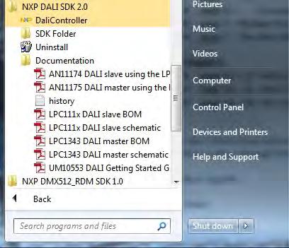 The installation starts when the Install button is pressed. When the DALI SDK installation is completed the Start menu of the PC has been updated. Fig 5 
