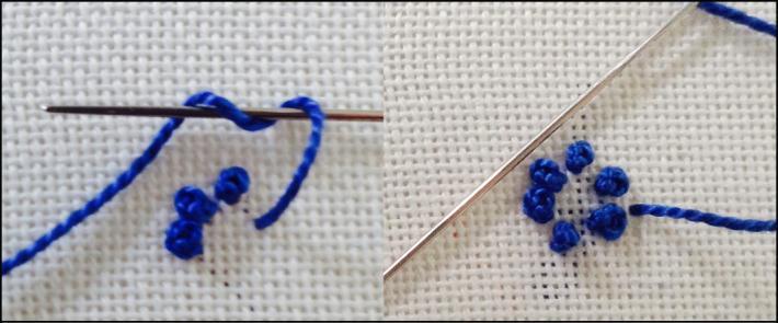 French Knots a. Bring the thread through the fabric from back to front at the point where the knot is to be placed. b. Hold the thread firmly in the left hand.