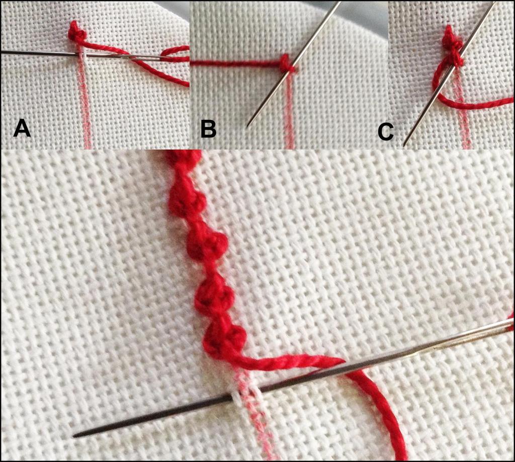 Double Knot stitch worked in cotton Pérlé Coral Stitch This stitch is known by many other names, Beaded Stitch, German Knot Stitch, Snail Trail and Scroll Stitch.