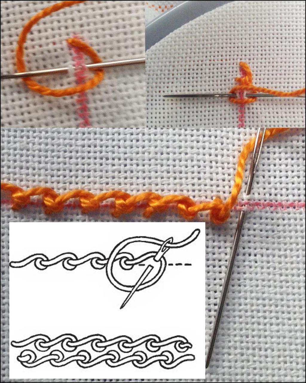 c. This completes the first stitch. Continue down the line picking up a small piece of material, wrapping the thread round the needle and pulling it through.
