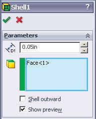 P. Shell. Step 1. Click Isometric on the Standard Views toolbar. (Ctrl-7). Step 2. Click the top face of hull, Fig. 67. Step 3. Click Shell Top face Step 4.