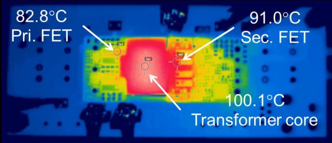 13 shows an IR thermal image of the converter with V IN = 52 V at full load (42 A) with approximately 400 LFM (2 m/s) airflow at thermal steady state.