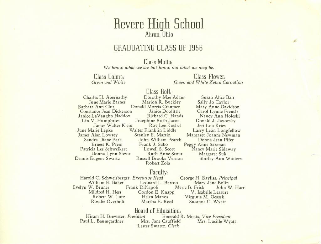 Revere High School Akron. Ohio GRADUATING CLASS OF 1956 Class Motto: We know what we are but know not what we may be. Class Colors: Green and White Class Roll: Charles H.