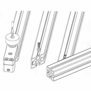 Suitable for all MiniTec profiles - Cut profile in desired angle, rebore the center-bore Ø 7,3 mm to Ø 10,2 mm - Insert pin into center bore and fix plastic clamp screw - Drill bore Ø 8,0 mm through