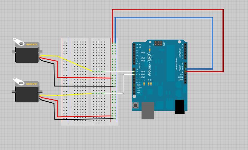 6. Wire the 2 nd Servo: a. Run a white wire (Signal) from Arduino 10 to Breadboard J20. b.