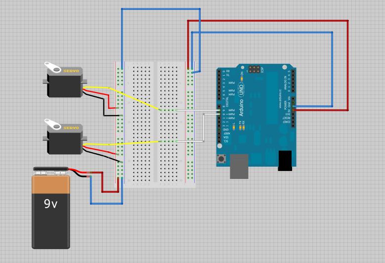 7. Alternate wiring schematics: If you need to use the external batteries to power the servos, set up the circuit as follows: (Note that the External Battery will plug into the rails on the left