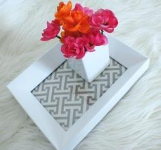 Do # 15 Decorative Tray Supplies Needed: 1 frame with glass per attendee, fabric or scrapbook paper. 1. If the frame has an easel back, remove the easel so the frame will sit on the table evenly. 2.