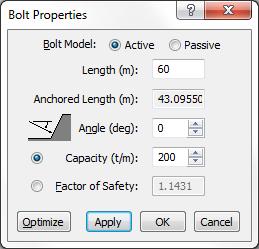 Support Tutorial 4-3 Since the default wedge model in RocPlane is a very large wedge (60 meter high slope), and the default Bolt Capacity in the Bolt Properties dialog is about 20 tonnes / meter, the