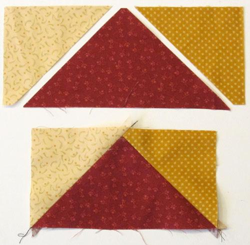 Join one Mustard Yellow triangle to RIGHT HAND side of a Red