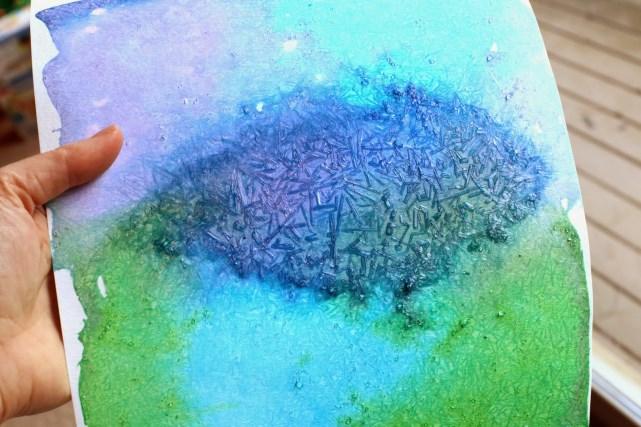 Crystallizing Watercolors In a container, mix 1/2 T Epsom salt, 1/2 T water, a pinch of table salt, and food coloring.