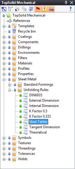 The R1 and R5 bends display errors. Use the Search function to find the tables. Click the TopSolid 7 icon and select View > Search to display the Search window. Click the icon to create a new search.