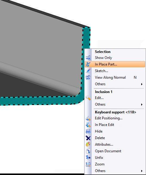 Drag the Keyboard support part document into the Keyboard support set assembly document. Creation of the side (in place) Right-click on the keyboard support s side face and select In Place Part.