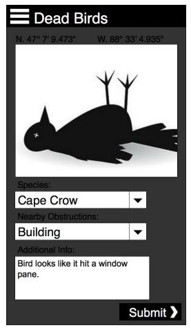 Important Features Goal: This application aims to deliver a simple, convenient solution for documenting and identifying dead birds found, as well as analyzing causes for bird