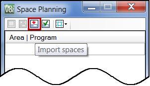 In the Space Planning dialog the Import Spaces icon will start up the Import Wizard for importing a list of room names or spaces from a delimited text, CSV